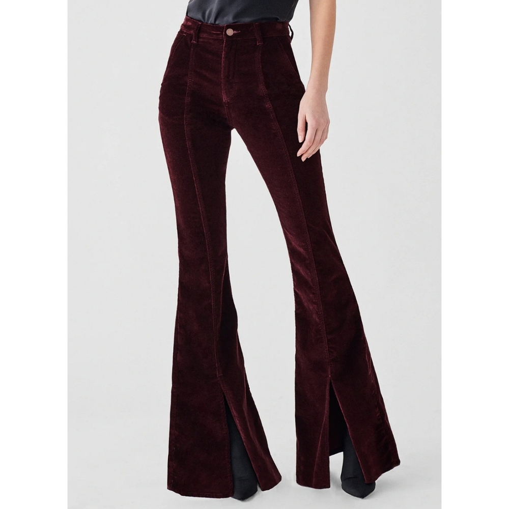 DL1961 Rachel High Rise Instasculpt Flare Front Slit Paris Maroon Velour Pants